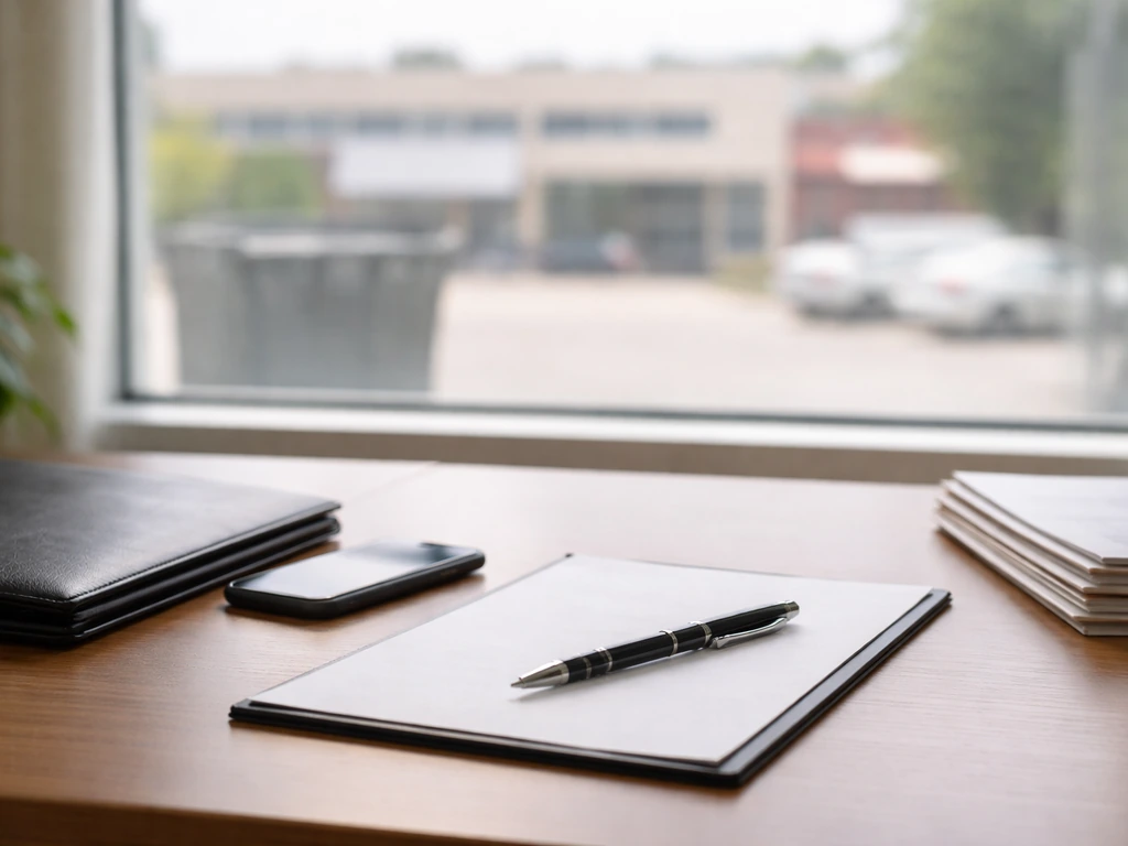 Minimal office desk with documents and phone, softly blurred city view suggesting business analysis.