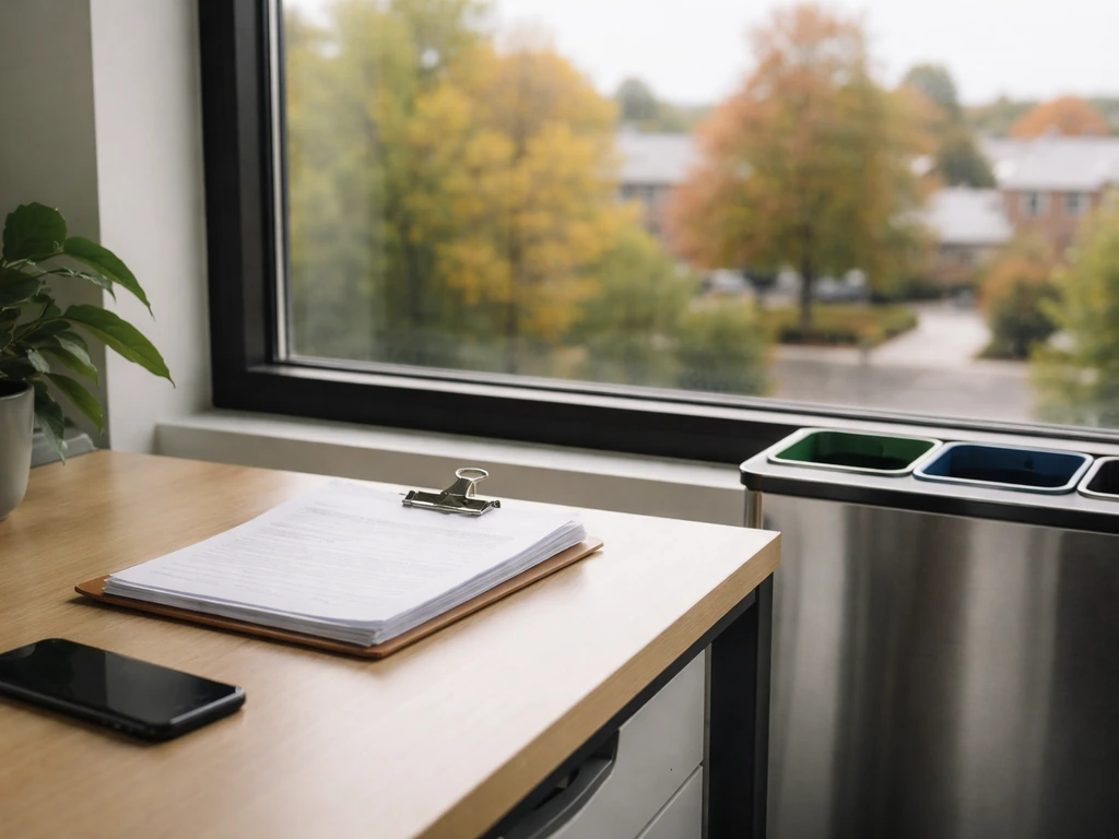 Empty desk with a recycling bin and suburban view through a window, symbolizing a waste & recycling executive profile.
