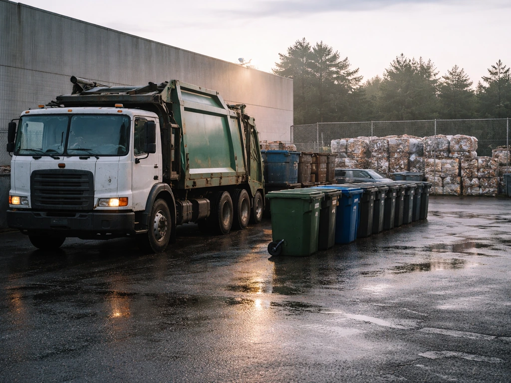 Quiet recycling yard with a waste hauling truck and stacked bins, suggesting business money sources