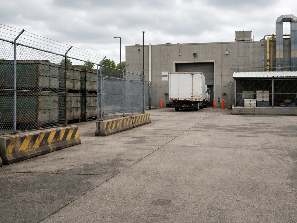 Warehouse facility with trucks and bins beside a concrete yard, suggesting infrastructure-heavy operations and financial