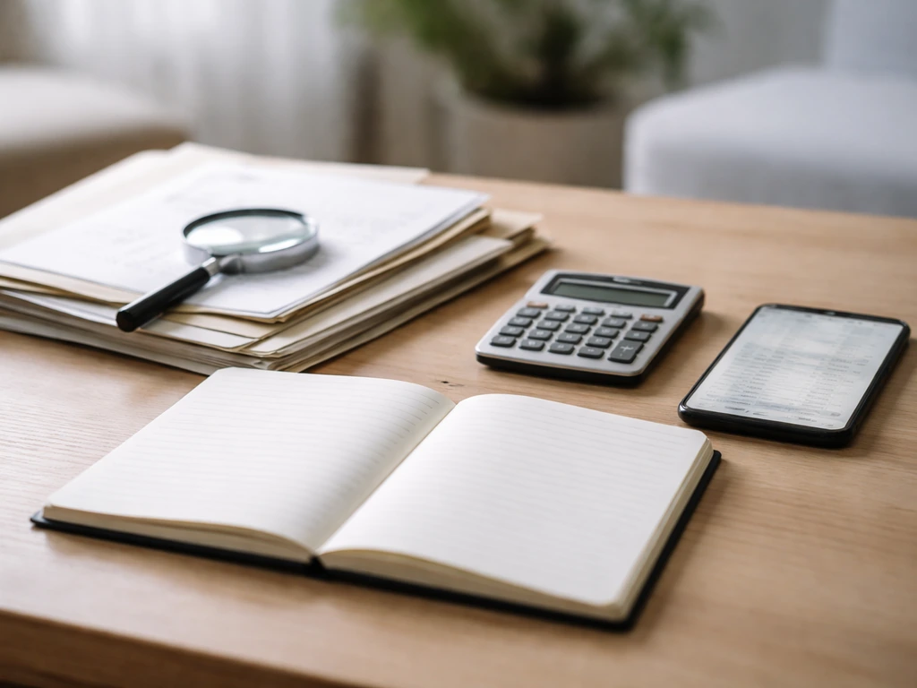 Minimal desk scene with a ledger book, documents, and a smartphone used to verify financial records