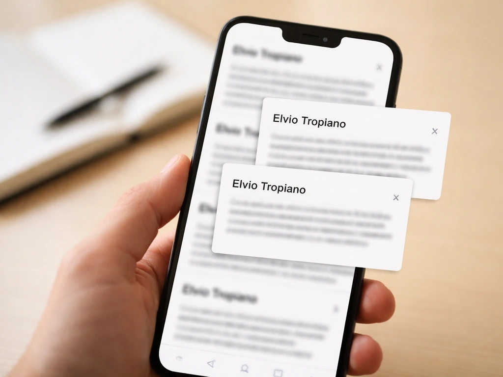 Close-up of a hand holding a phone with blurred overlapping search-result screenshots showing similar names.