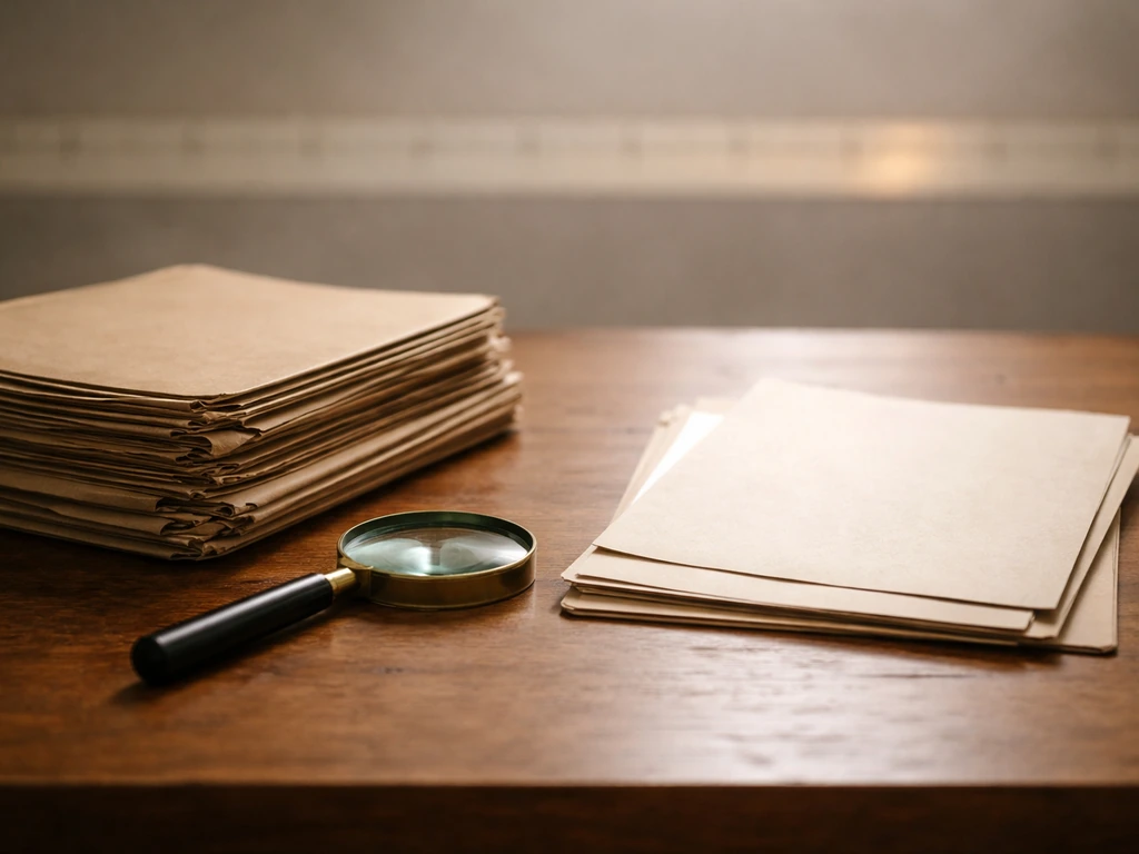 Minimal photo of a desk with old property deeds and a magnifying glass beside a blurred timeline