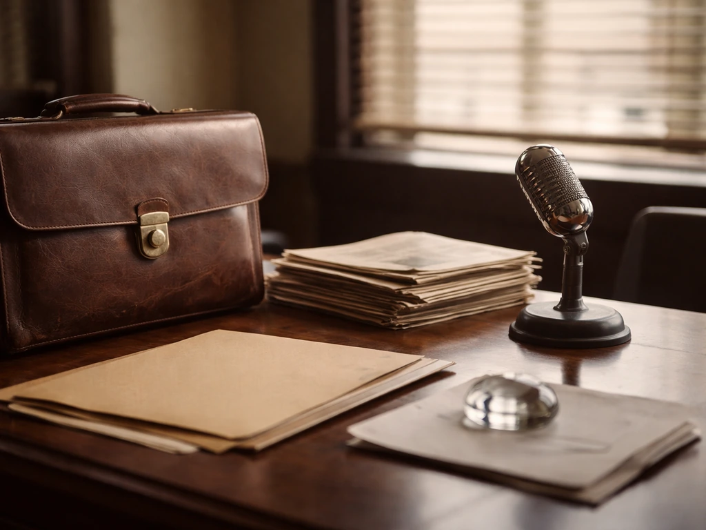 Vintage office scene with a leather briefcase and newspaper for business, publishing, and politics context.