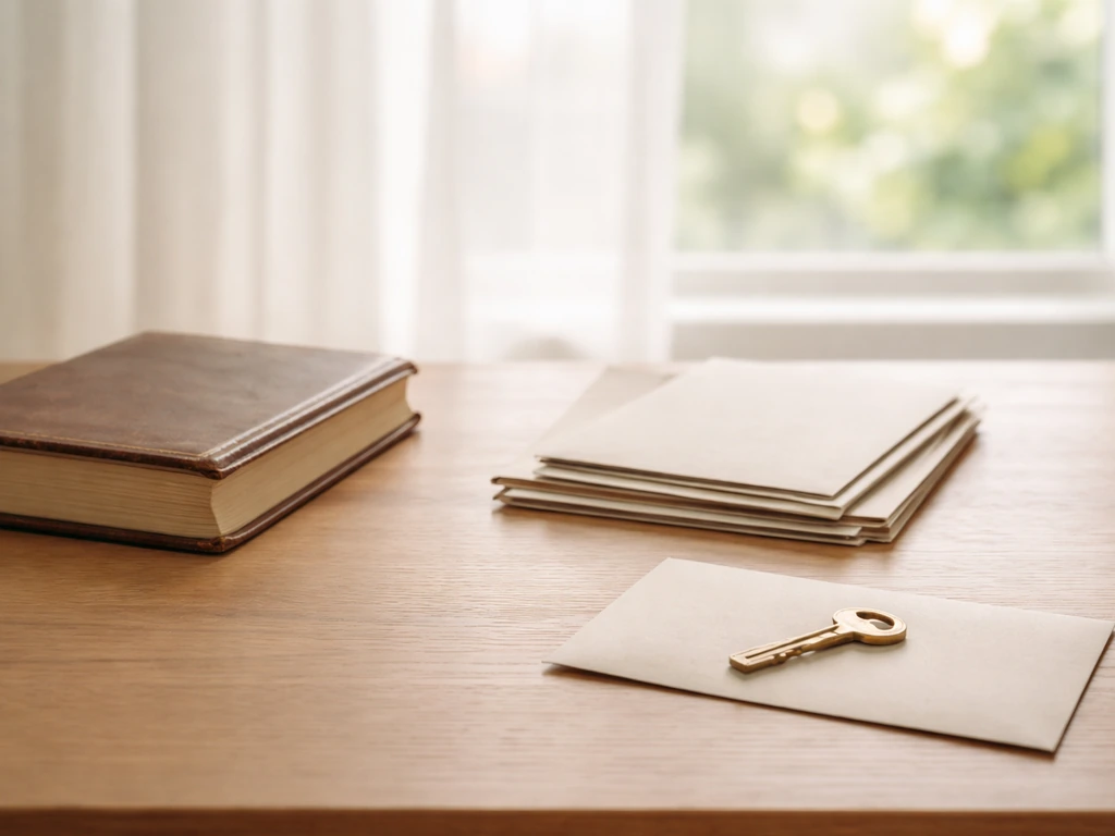 Minimal desk with a vintage ledger, blank business folders, and a brass key suggesting multiple income streams.