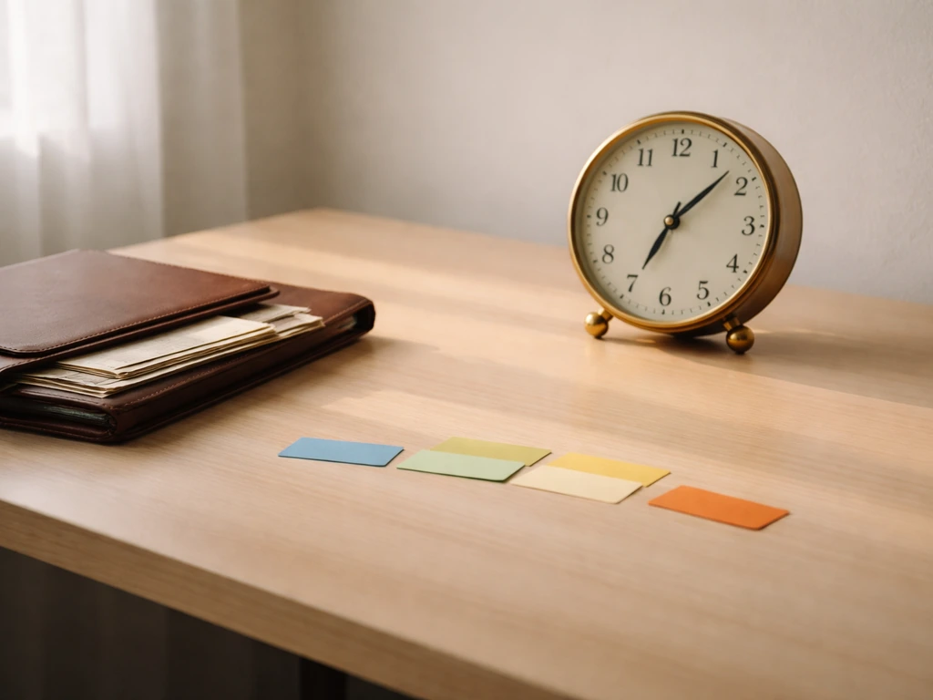 Minimal desk scene with vintage clock and documents hinting at a multi-decade timeline.