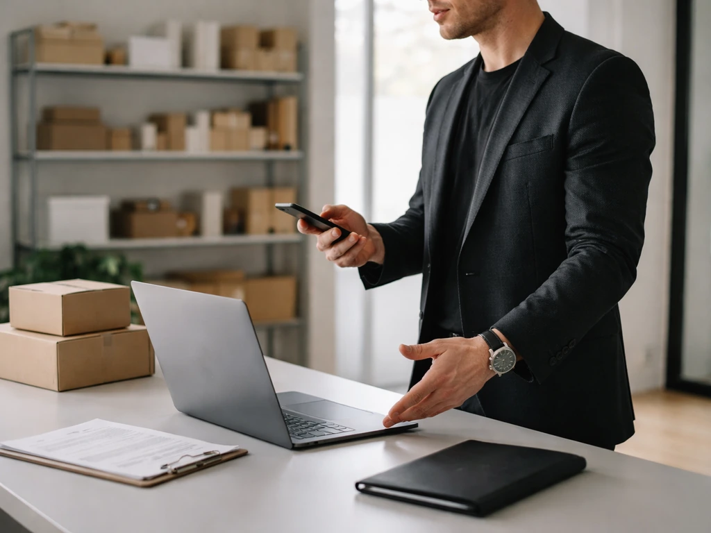 Anonymous business executive in a minimal office with a subtle creator-economy vibe, suggesting Fanjoy leadership.