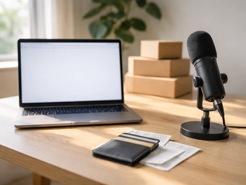 Minimal desk scene with laptop, microphone, receipts, and shipping boxes symbolizing Fanjoy income sources.