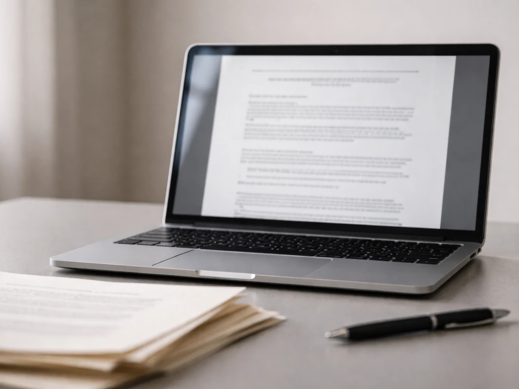 Close-up of a laptop showing blurred legal-style court documents next to a coffee in a quiet office