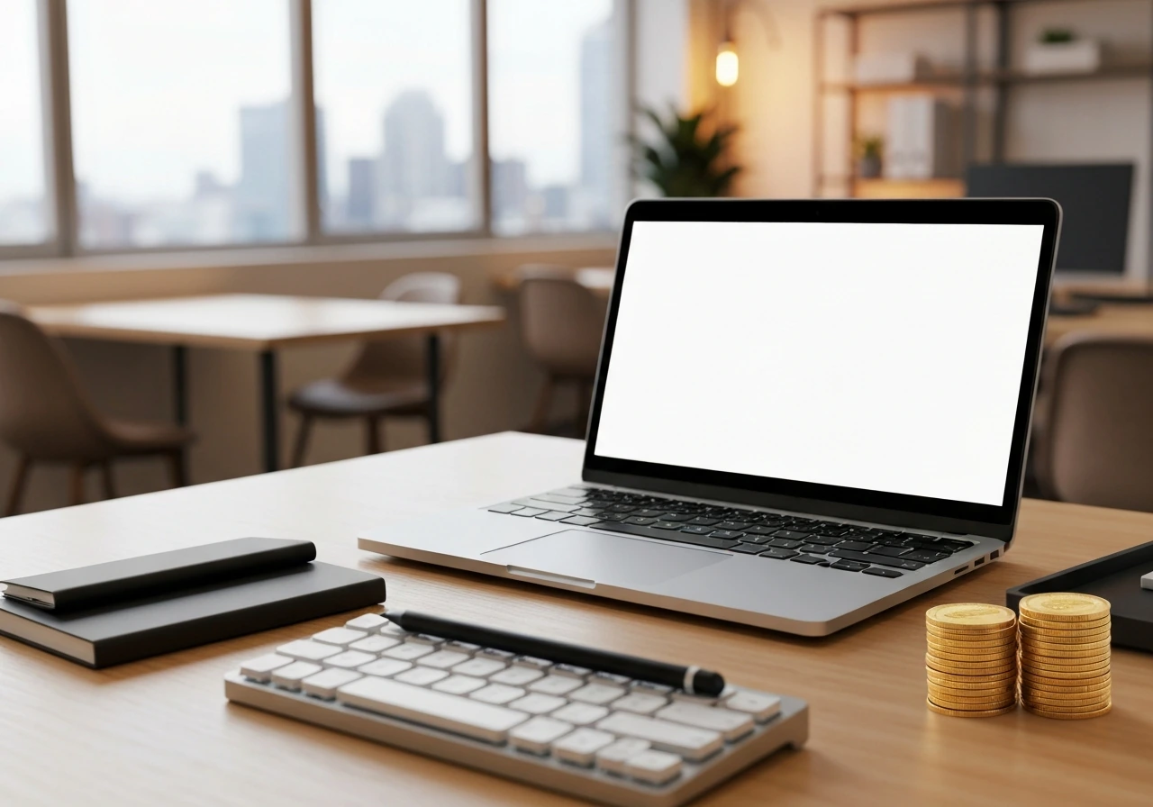 Minimal desk with laptop and creative tools, gold coins symbolizing tech wealth and media product work