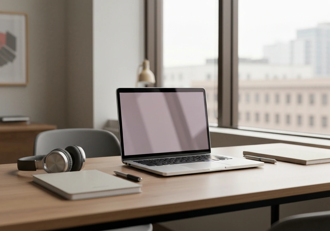 Empty modern tech studio desk with a laptop and creative tools in soft natural light
