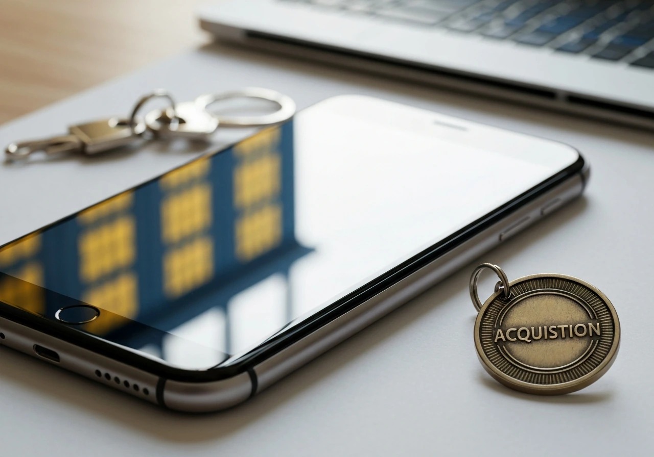 Minimal desk scene with smartphone and token symbolizing a major acquisition and equity payout.