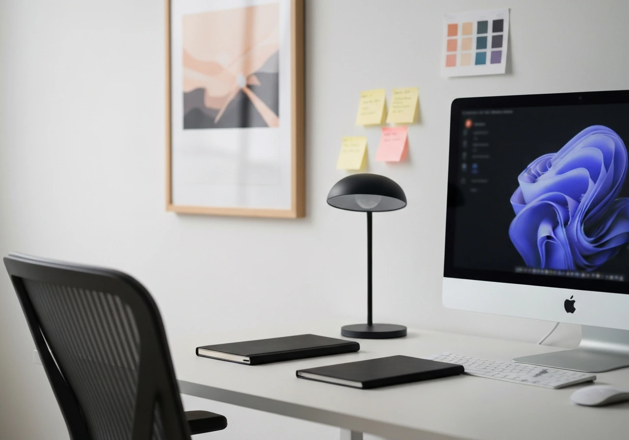 Minimal modern design desk workspace with computer monitor showing blurred abstract visuals, natural light.