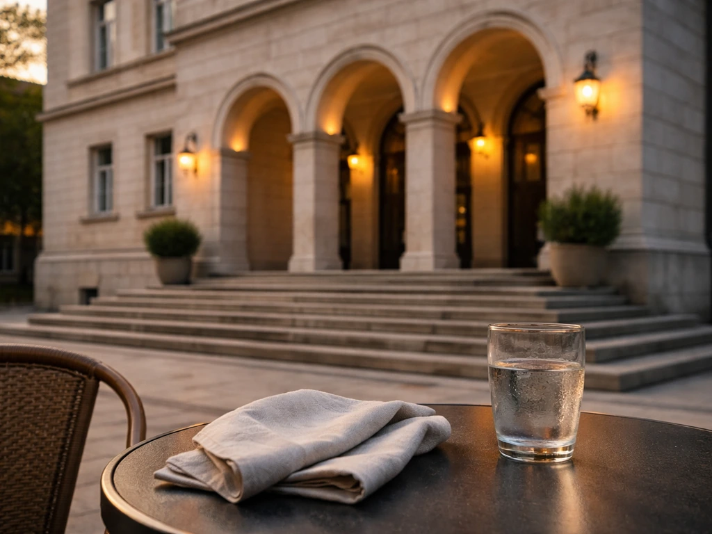 Prishtina civic building exterior with a small outdoor café table and glass, symbolizing public service and hospitality.