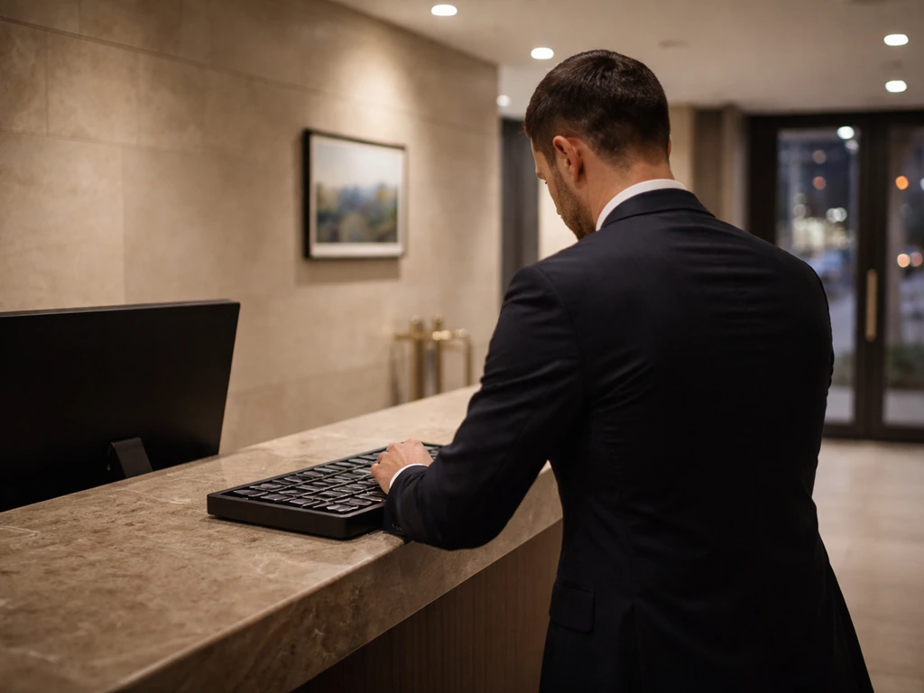 Anonymous hospitality executive in a modern hotel lobby in Kosovo, arranging keys at a desk.