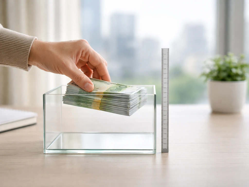 Hand placing euro banknotes into a glass box on a desk beside a ruler, symbolizing a net-worth range.