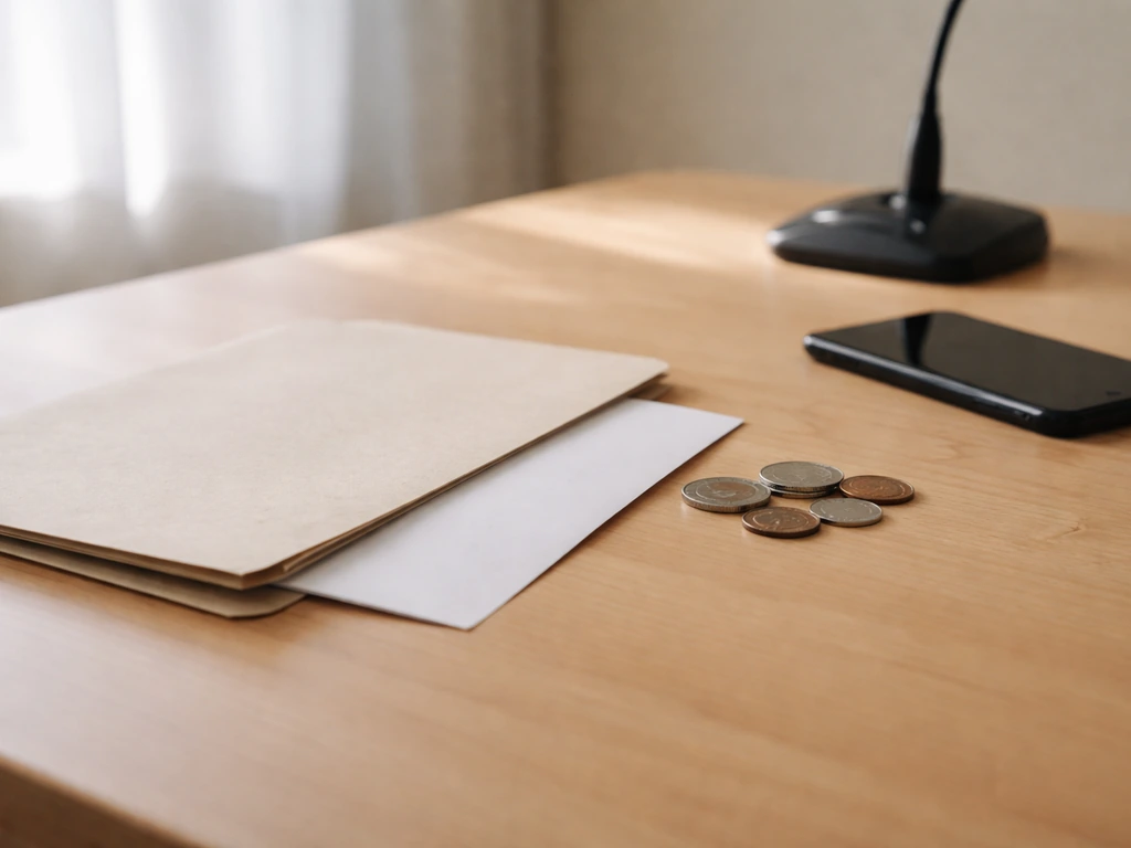 Minimal photo of a desk with a blank document folder and a single coin beside a keyboard, symbolizing salary reporting.