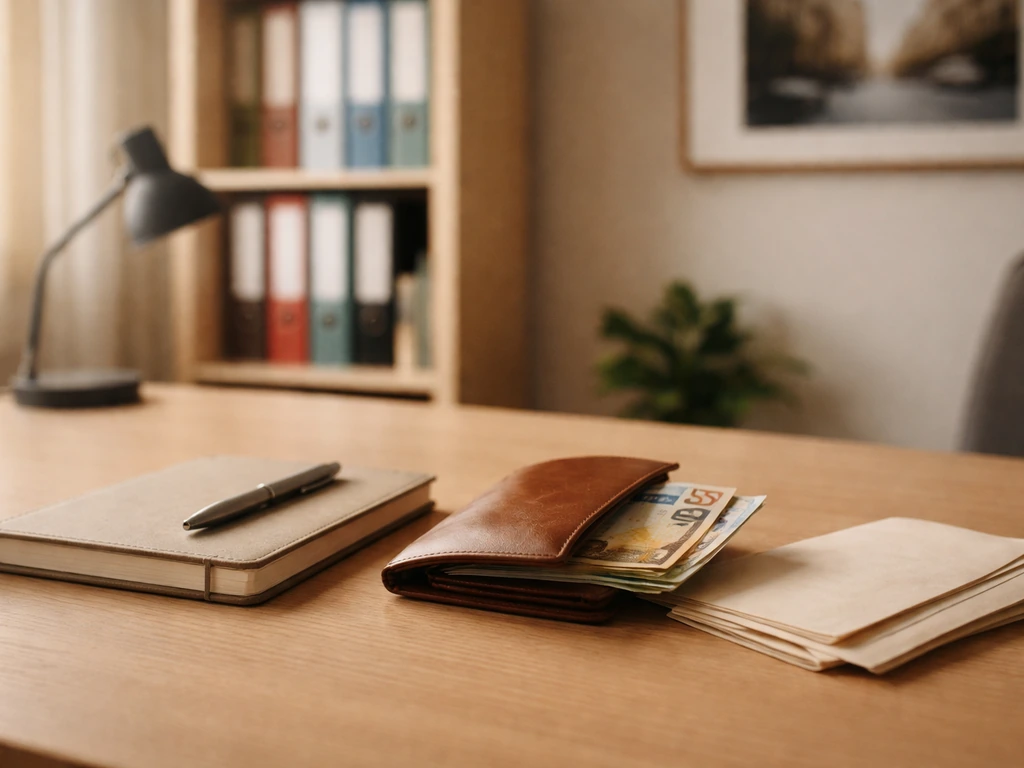 Minimal desk scene with cash and envelopes, symbolizing prior work leading to savings.