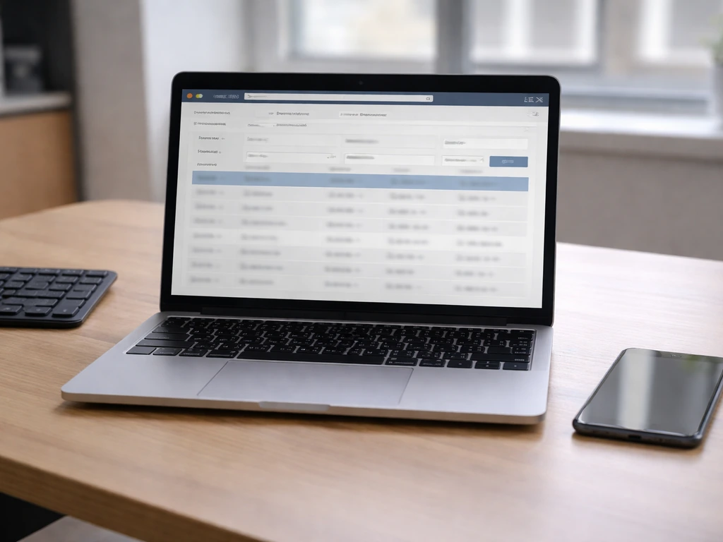 Laptop on a desk showing a blurred database-style asset declaration search interface, with phone nearby.