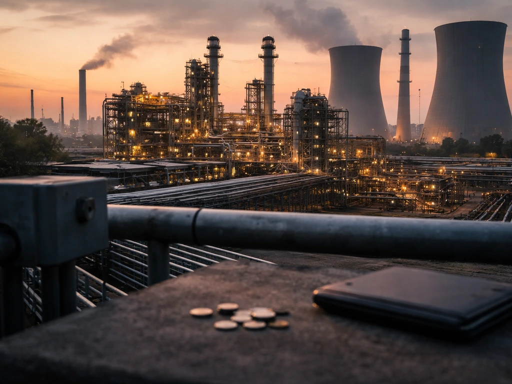 Dusk photo of a German chemical plant with subtle finance symbolism using coins and a leather portfolio.