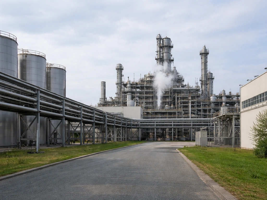 Modern chemical plant facility in Germany with pipelines and tanks under daylight.