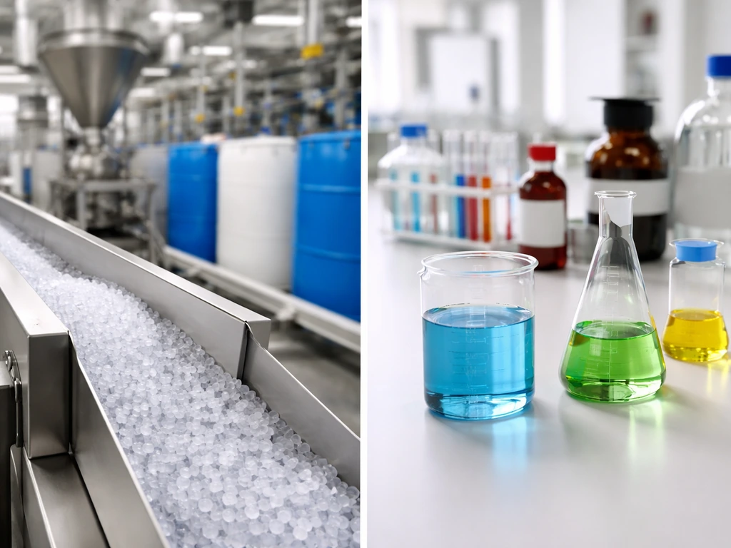 Split-screen style photo of a factory conveyor for Performance Materials and a lab bench with chemicals for Solutions &