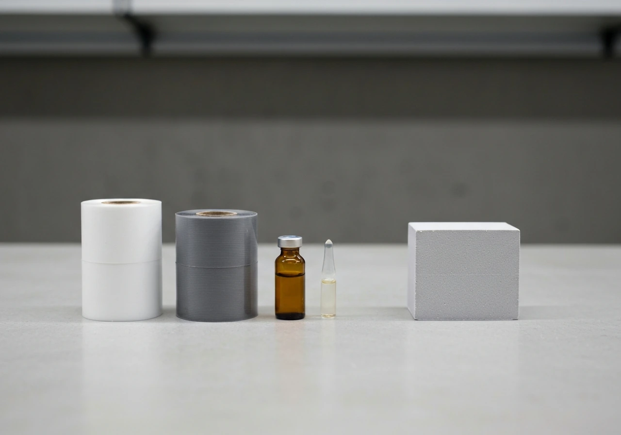 Small table display of rolls of specialty film, amber resin vials, and a molded thermoplastic polyurethane sample