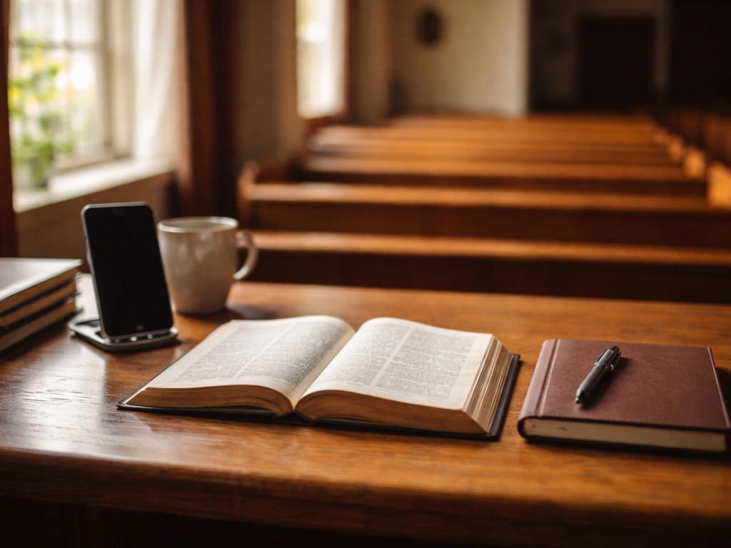 Warm church office desk with Bible, notes, and a phone—symbolic ministry and credibility.