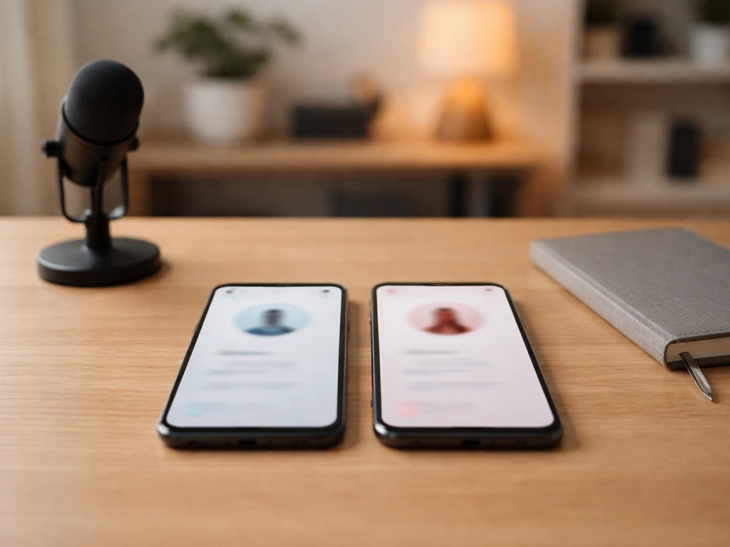 Two blurred smartphones and a desk microphone on a simple table, symbolizing identifying the right online profile