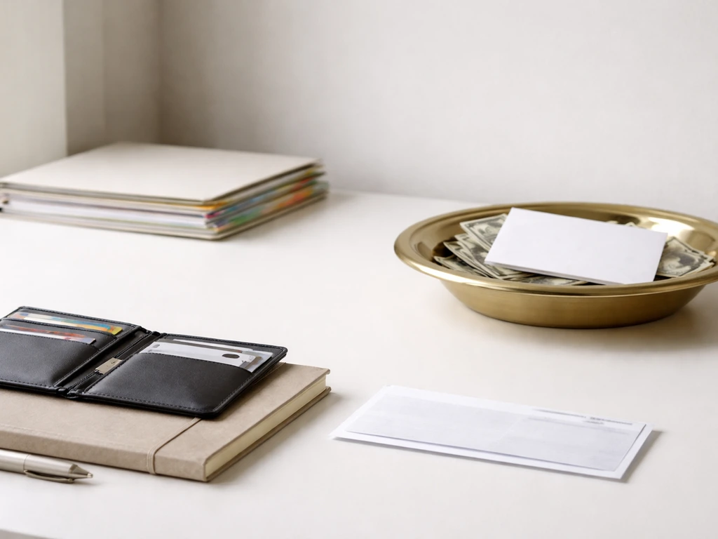 Minimal desk scene showing a wallet and envelope on one side and an offering plate on the other.