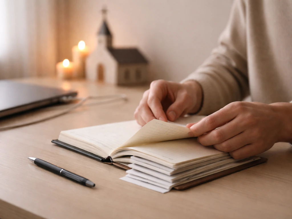 Simple photo of a hand turning pages in a dim study, with a church and laptop softly blurred in the background