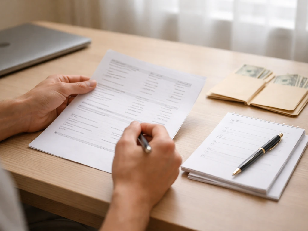Person reviewing nonprofit financial documents at a desk with a laptop, checklist items, and cash envelopes.