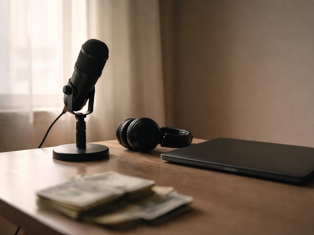 Dim LA studio desk with a microphone and scattered cash, symbolizing entertainment income analysis.