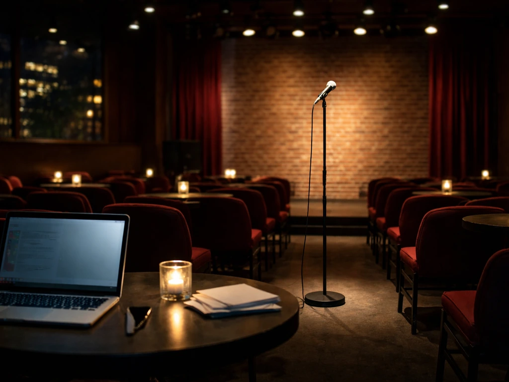 Empty comedy club stage with a lit microphone and media work items, evoking LA stand-up and TV preparation.