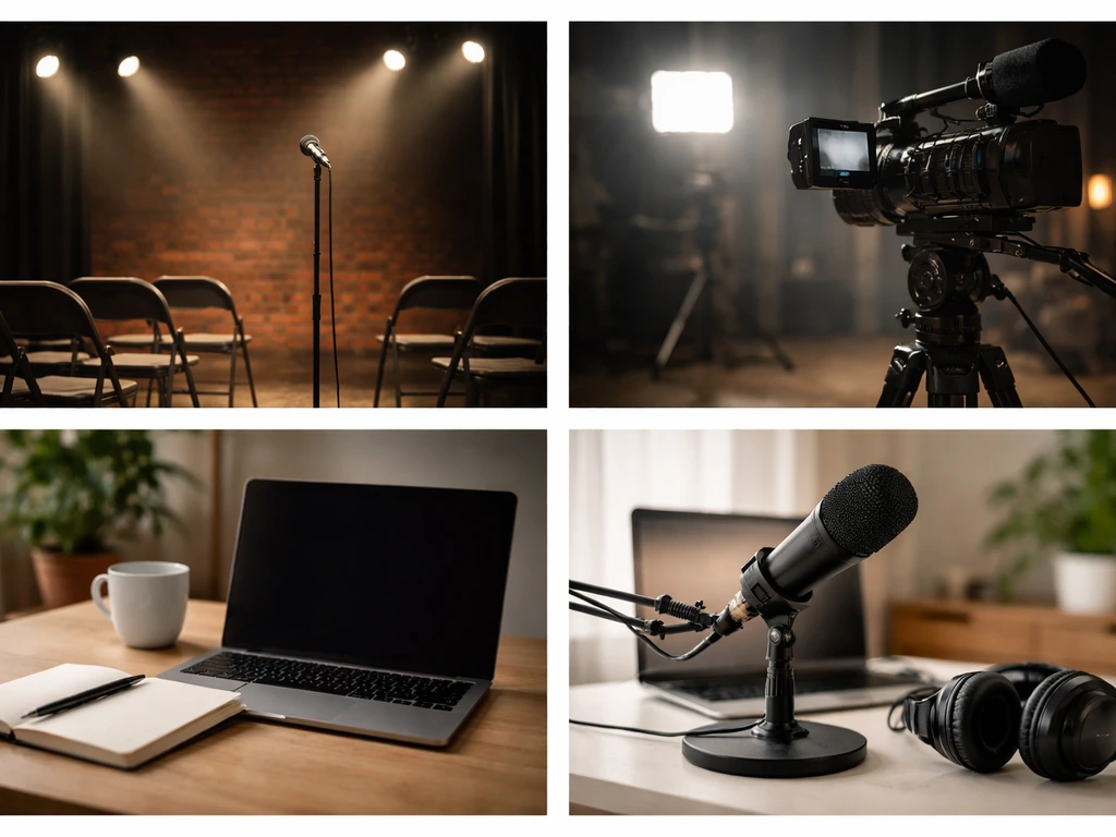 Four minimal photo tiles showing comedy touring stage, TV production gear, writing desk, and podcast mic.
