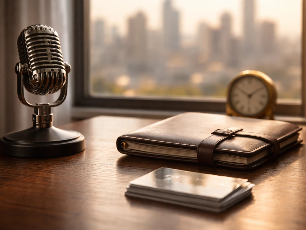 Minimal studio desk with microphone, planner, brass clock, and sunlit city view implying career and wealth growth.