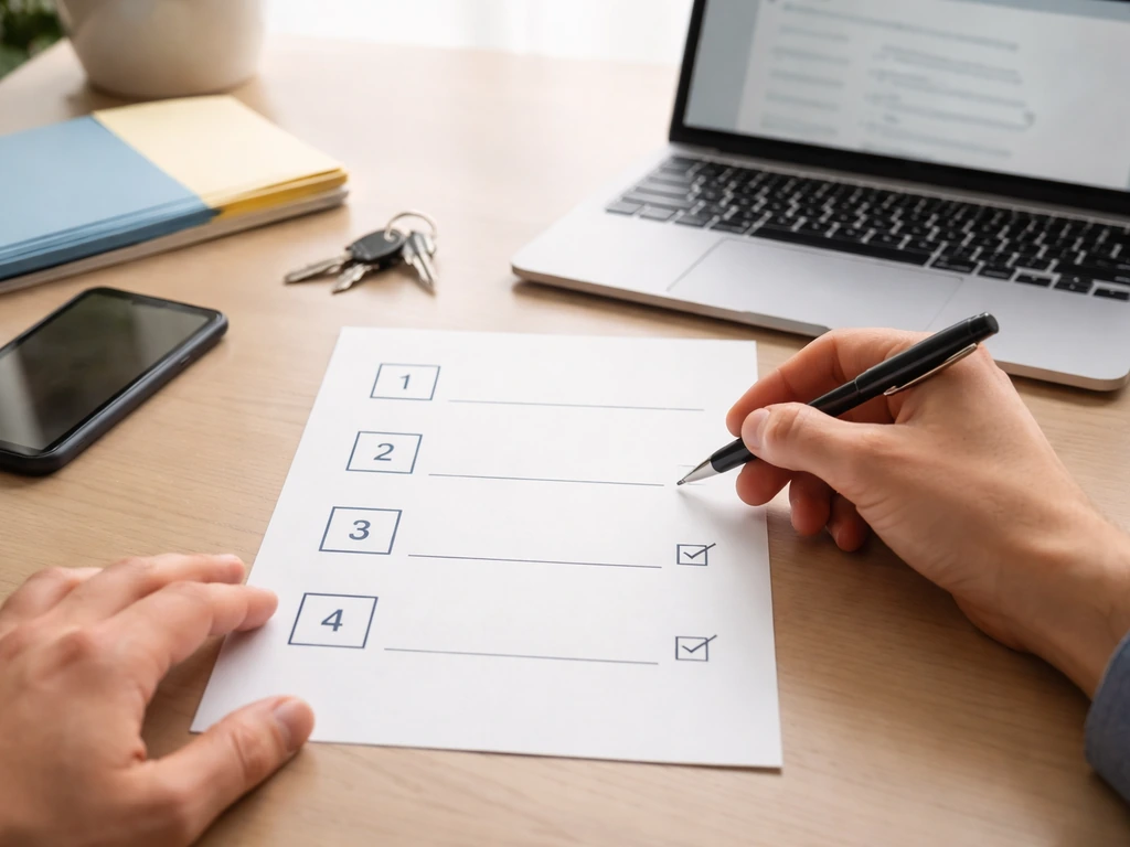 Anonymous hands marking a blank numbered checklist on a desk beside phone and laptop, suggesting DIY net-worth research.