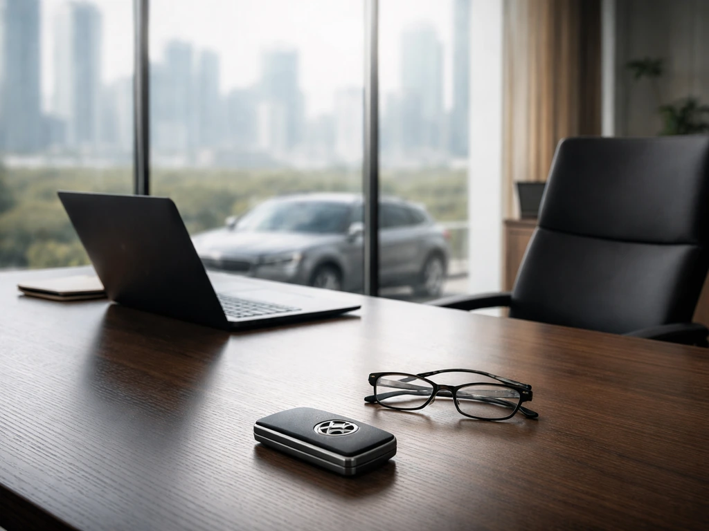 Minimal executive office desk with a subtle Volvo vehicle view through the window, no people shown.