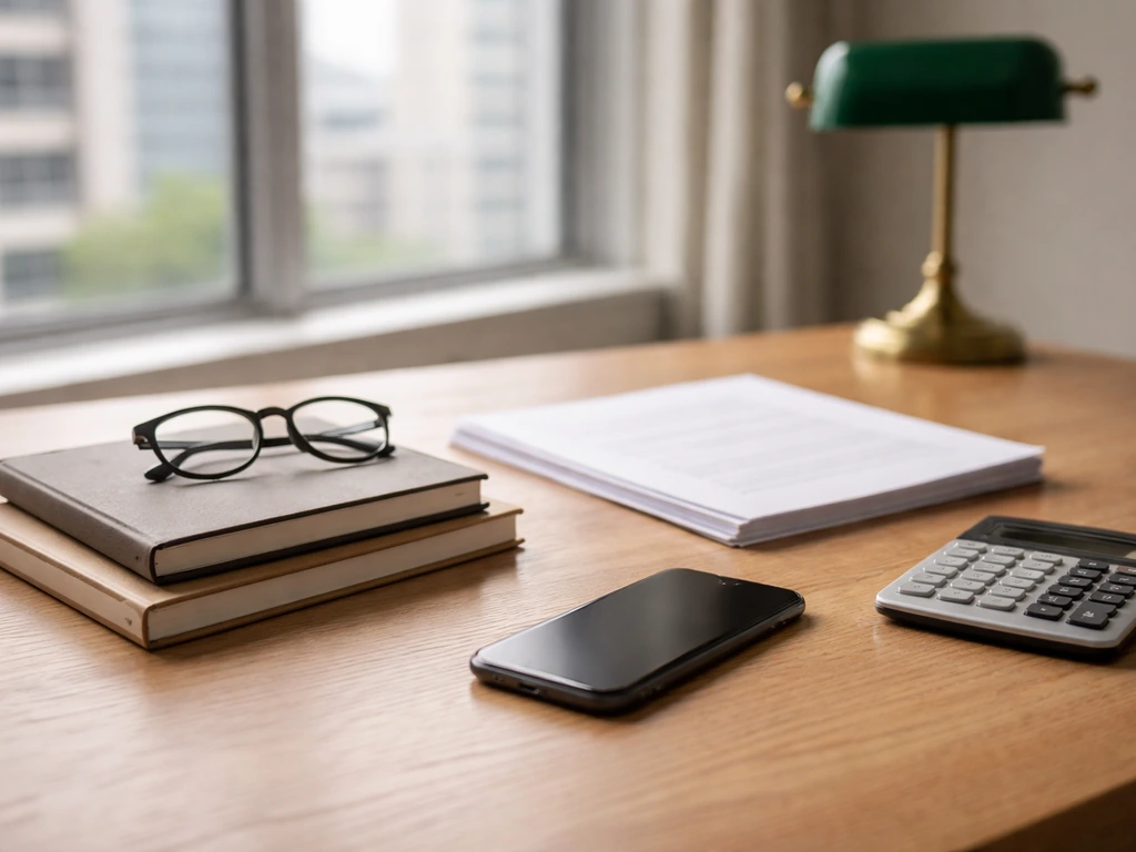 Minimal finance desk scene with calculator, papers, and glasses symbolizing differing net worth estimates