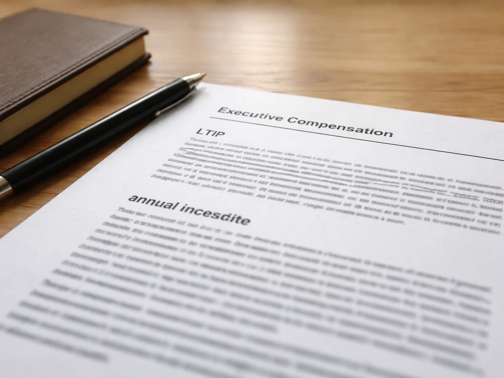 Close-up of an annual report page on a desk with executive compensation wording and a pen nearby.
