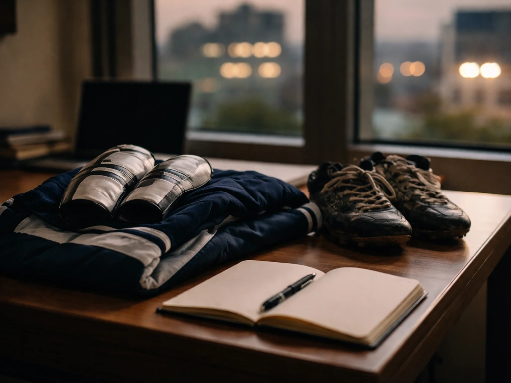 Close-up of rugby gear on a desk with blurred city lights, suggesting a sports figure and public interest.