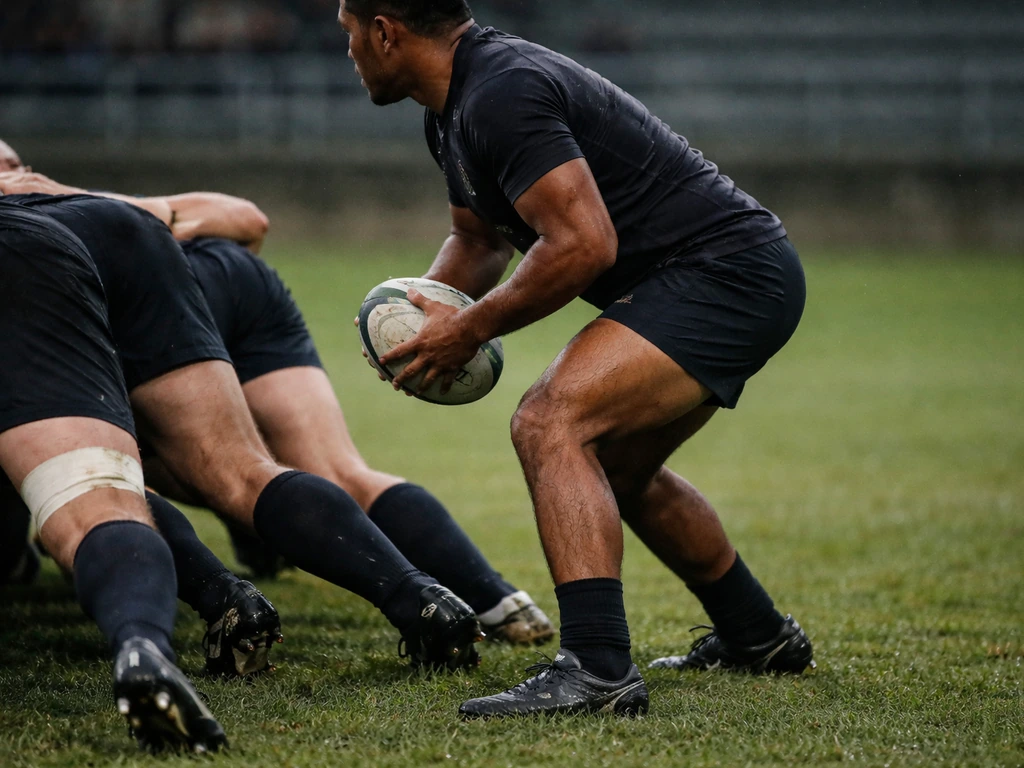 Anonymous rugby player in a match near a scrum on a field with a softly blurred stadium background.