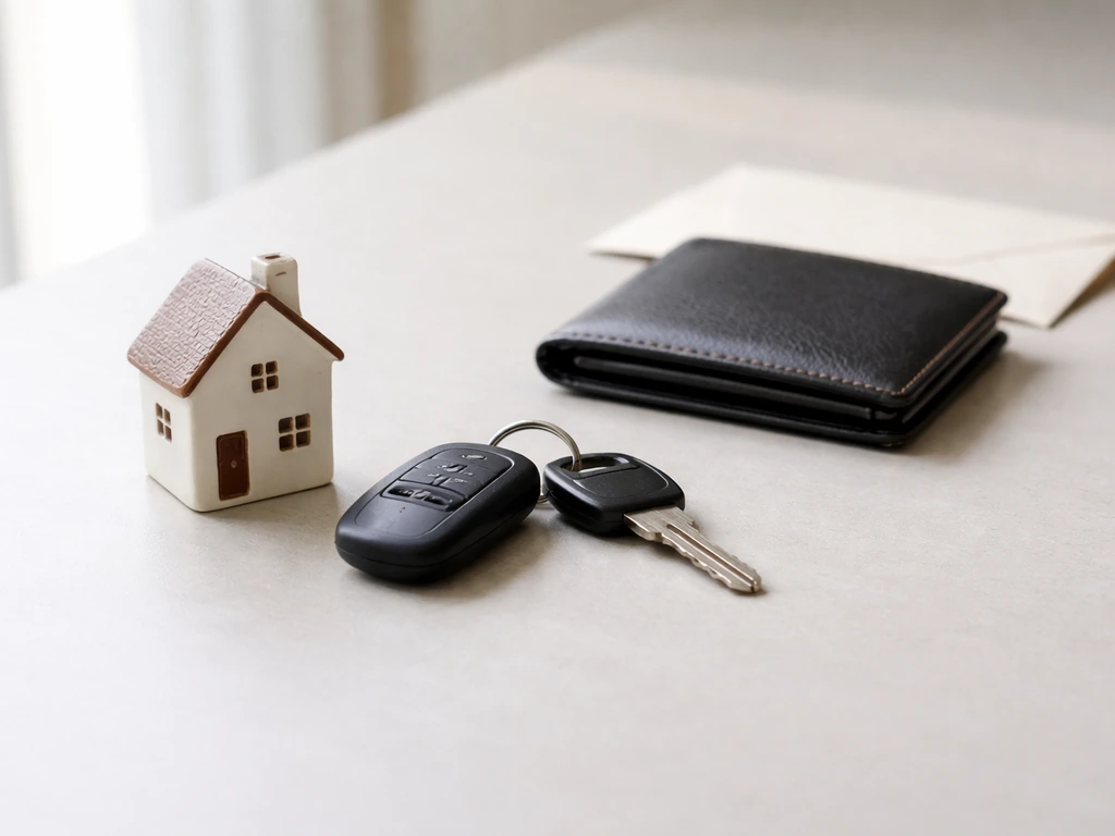 Minimal desk scene showing keys, a house model, and a closed wallet to symbolize unverified asset categories.