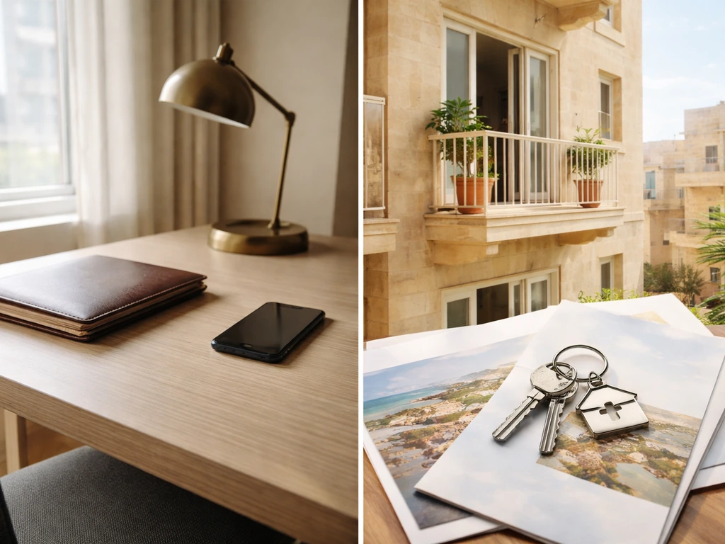 Split-scene showing an anonymous Canadian business desk and a Maltese real estate scene side-by-side.