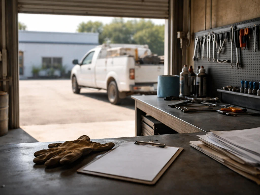 Empty industrial workshop bay with tools and a truck visible, suggesting business ownership and equity building.