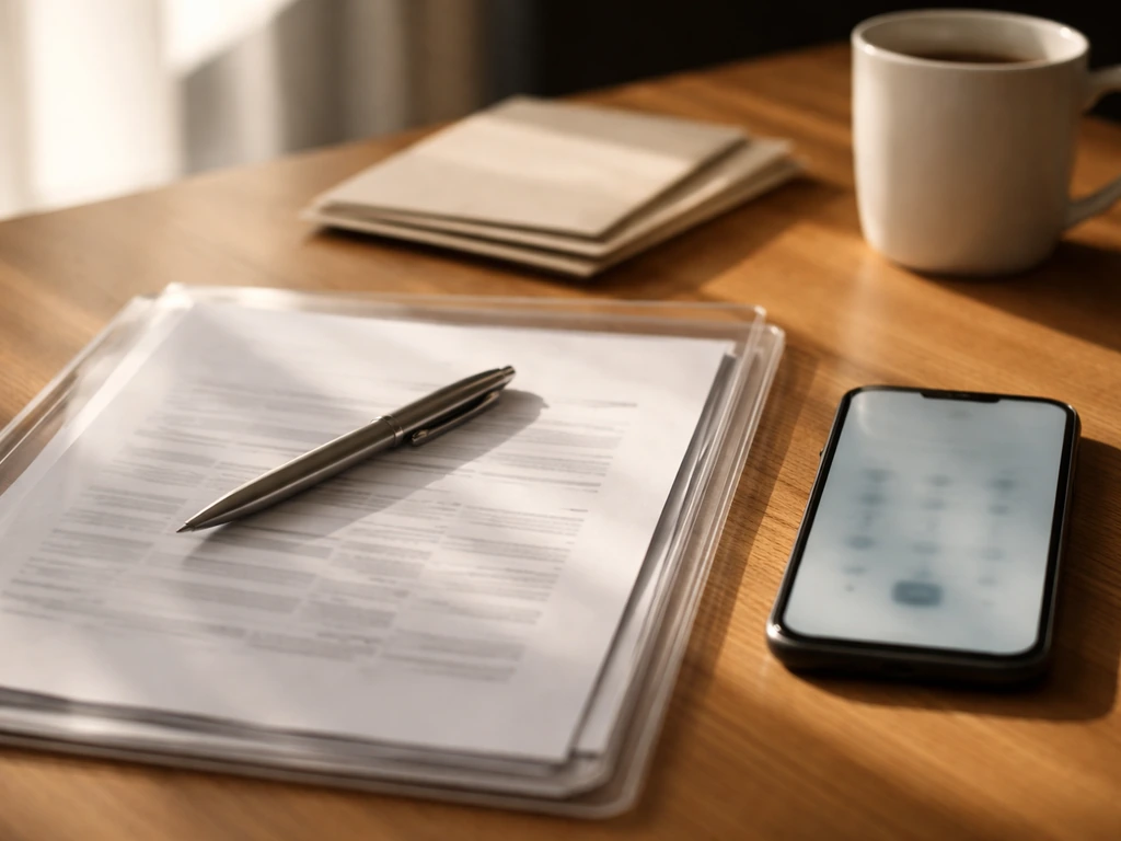 Close-up of loan paperwork and a pen beside a smartphone with interest-rate notes, symbolizing liabilities