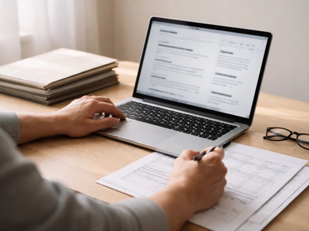 Person cross-checking corporate press releases on a laptop with document folders on a desk