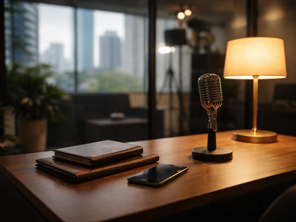 Minimal media-studio desk scene with microphone and city view, symbolizing TV career and financial success.