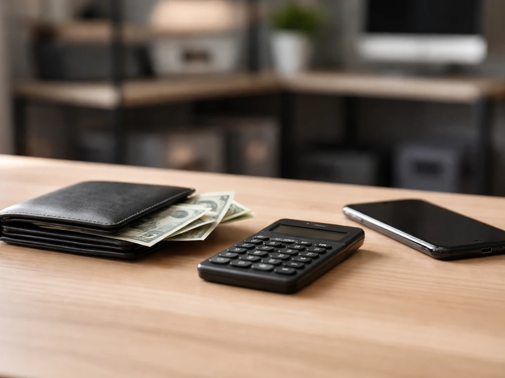 Minimal photo of a studio desk with calculator, wallet, and cash to symbolize a net worth range.