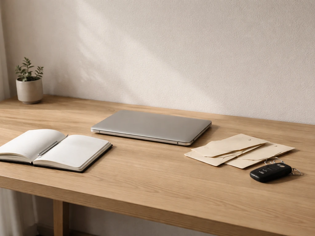 Minimal photo of a modern desk with a closed laptop, notebook, and a few cash envelopes symbolizing asset categories.